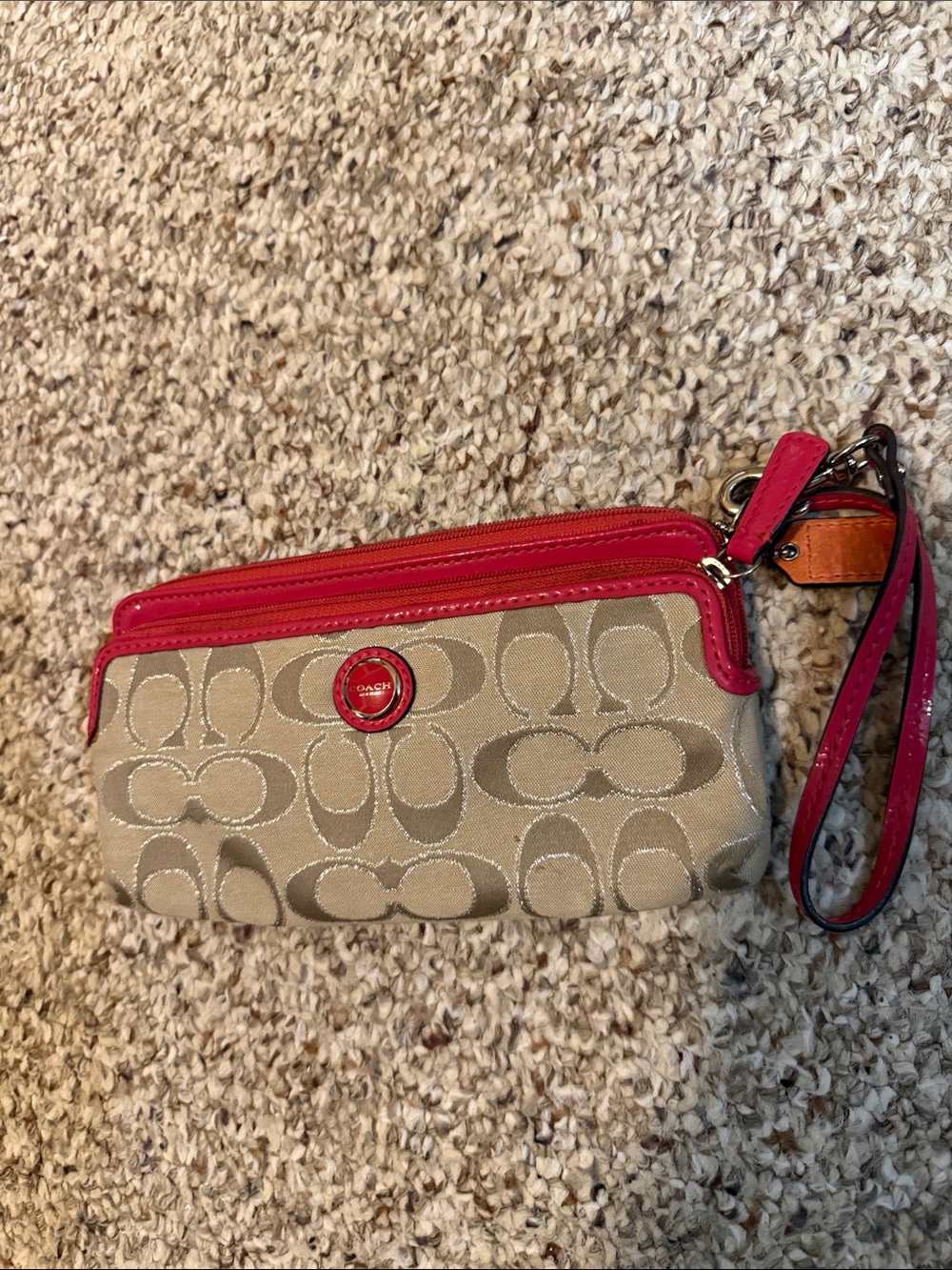 Coach Khaki Signature Wristlet with coral Trim vintage